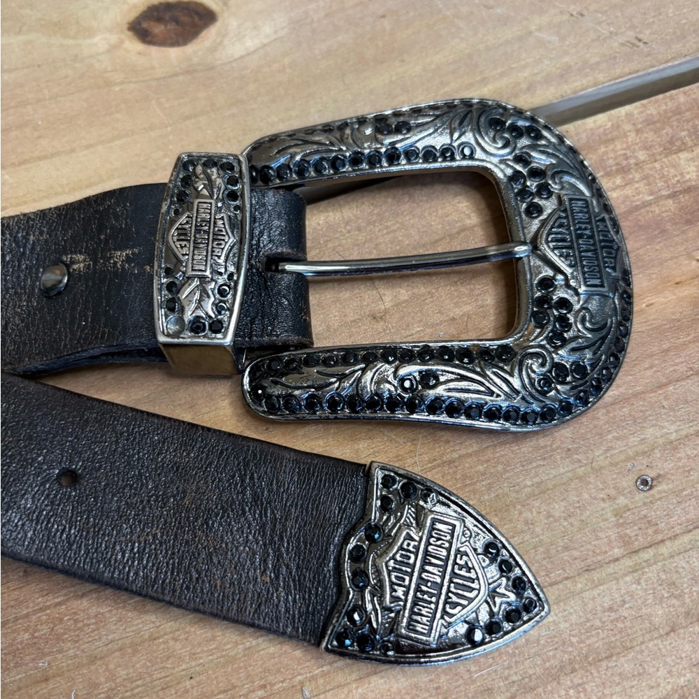 Harley-Davidson Black Leather Belt with Ornate Silver Buckle